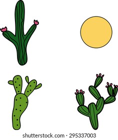 Vector set of cactus succulent and sun. Great idea for sites, scrapbook, cards, textile, banners, brochures and books.