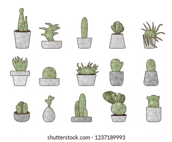 Vector  set of cactuses plant.  Houseplant composition in doodle style.