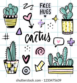 Vector set with cactuses, positive phrases, elements. Cute vector cactus. Hand drawn Bright stickers collection. Trendy patches, pins, badges. Prickly green houseplant. Doodle style.