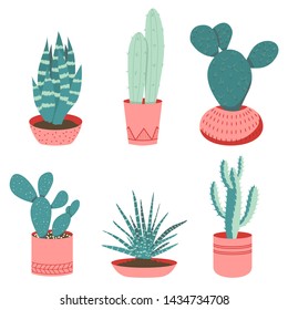 Vector set of cactuses and succulents. Flat illustration in trendy colors.