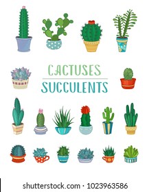 Vector set of cactuses and succulents. 
 Various cacti in flowerpots and cups. Cartoon icons isolated on white background. 