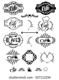 Vector set of cafe labels, design elements, emblems and badges. Isolated logo illustration in vintage style. Templates collection on white background.
