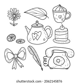 A vector set for a cafe menu, vintage-style items - a phone, a pen for writing, a teapot, a bow, a cup, a pie, lemon slices, a flower and a leaf. 