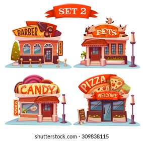 Vector set of Cafe, restaurant, ice-cream shop and bakery.