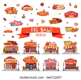 Vector set of Cafe, restaurant, ice-cream shop and bakery.