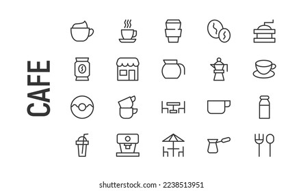 Vector set of cafe thin line icons. Design of 20 stroke pictograms. Signs of cafe isolated on a white background.