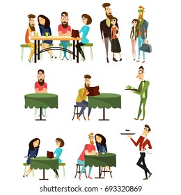 Vector set of cafe visitors cartoon characters isolated on white background. People sitting at tables, talking to each other, reading menu, drinking tea or coffee, flat style design elements, icons.