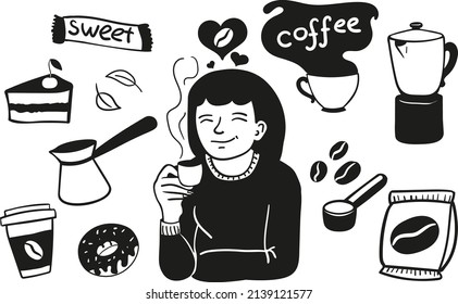 vector set for cafeteria, cafe, girl drinking espresso, coffee cezve, geyser coffee maker, desserts, sweets, donut, piece of cake with cherry, cup of coffee, coffee beans