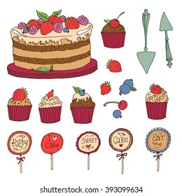 Vector set of cake, muffins and berries painted by hand