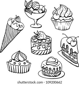 Vector set of cakes in black. Hand drawn illustration.