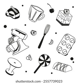 Vector set of cakes, candies and pastry utensils with berries. Image of confectionery sweet food with mixer, whisk and measuring cup. Pastry Chef Day concept. 