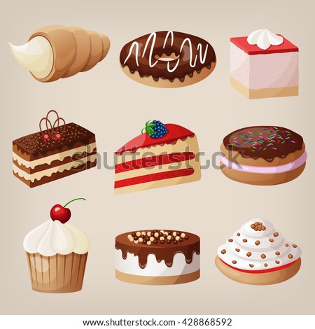 Vector set of cakes, cookies, donuts, pies.