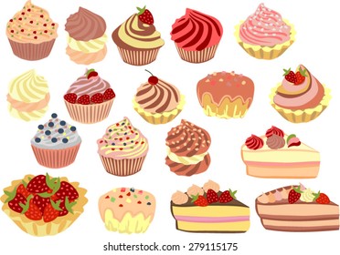 Vector set of cakes, cupcakes and cakes.