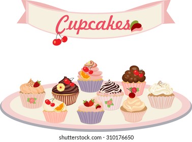Vector set of cakes and cupcakes.