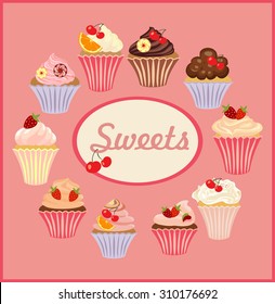 Vector set of cakes and cupcakes.