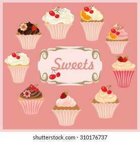 Vector set of cakes and cupcakes.