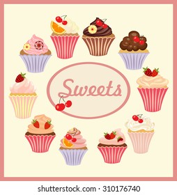 Vector set of cakes and cupcakes.