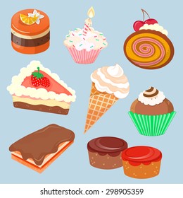 Vector Set of Cakes and Ice Cream Isolated on Blue Background
