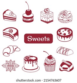 Vector set of cakes and pastries. Illustration of sweets in doodle style. Confectionery products
