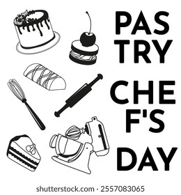 Vector set of cakes and pastry utensils. Image of confectionery products with equipment. Pastry Chef Day concept. Illustration of cakes, mixer and rolling pin in doodle style