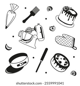 Vector set of cakes and pastry utensils with berries. Pastry food image with mixer and baking pan. Pastry chef day concept. Illustration of cakes, mixer and oven mitt in doodle style