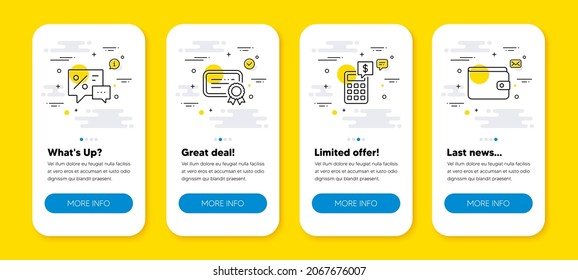 Vector set of Calculator, Discounts and Certificate line icons set. UI phone app screens with line icons. Money wallet icon. Money management, Best offer, Verified document. Payment method. Vector