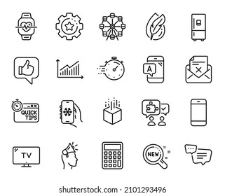 Conjunto de vectores de la calculadora, la rueda de la fortuna y los iconos de la línea del embajador de la marca. Prueba hipoalergénica, iconos de Smartphone y Tv. Consejos rápidos, Señales de engranajes de temporizador y configuración. Símbolo web de la calculadora. Vector