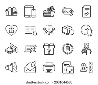 Vector set of Calculator target, Read instruction and Correct answer line icons set. Loud sound, Strategy and Romantic gift icons. Opinion, Atm money and Open mail signs. Vector