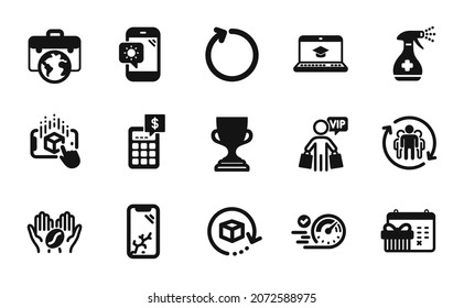 Vector set of Calculator, Vip shopping and Teamwork icons simple set. Augmented reality, Award cup and Coffee icons. Website education, Loop and Speedometer signs. Calculator simple web symbol. Vector