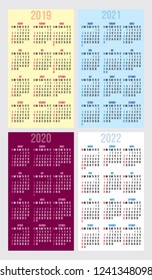 vector set of calendar grids for years 2019-2022 for business cards