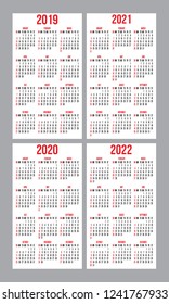 vector set of calendar grids for years 2019-2022 for business cards