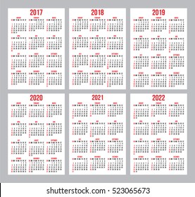 vector set of calendar grids for years 2017-2022 for business cards on white background