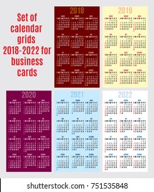 vector set of calendar grids for years 2018-2022 for business cards