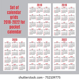 vector set of calendar grids for years 2018-2022 for business cards on white background