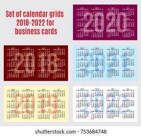 vector set of calendar grids for years 2018-2022 for business cards