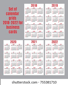 vector set of calendar grids for years 2018-2022 for business cards on white background