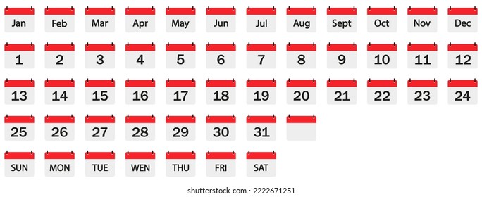 Conjunto de vectores de iconos de calendario.  Cada día, día de la semana y mes del año. Una colección de organizadores. Ilustración aislada del vector. EPS 10.