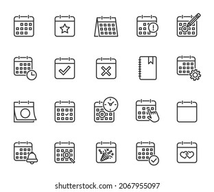 Conjunto de vectores de iconos de línea de calendario. Contiene la fecha de los iconos, la cita, el horario, la fecha de fiesta, la planificación, el diario, el día importante, el recordatorio y más. Pixel perfecto.