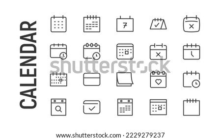 Vector set of calendar thin line icons. Design of 20 stroke pictograms. Signs of calendar isolated on a white background.