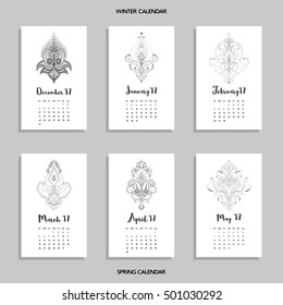 Vector set of calendars with monochrome pattern of eastern flowers. Winter and spring.