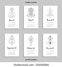 Vector set of calendars for summer and autumn. Monochrome oriental floral pattern. 