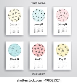 Vector set of calendars for winter and spring. Simple patterns in colored circles. Realistic shadows. 