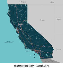 Vector set of California state with roads map, cities and neighboring states