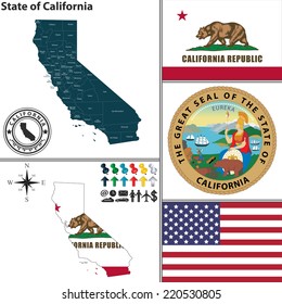 Vector Set Of California State With Seal And Icons On White Background