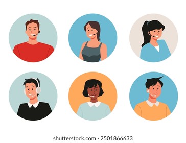 A vector set of call center avatars depicting male and female agents with headphones and microphones offering round-the-clock customer support and service.