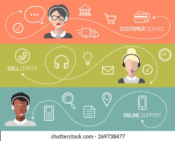 Ensemble d'images vectorielles de centre d'appels, service à la clientèle, bannières de support en ligne dans le style plat tendance