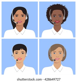 Vector set of call-center operators of different nation in headsets. Vector business flat illustration. European, asian, african american, indian women. 