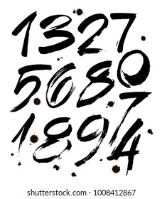 vector set of calligraphic acrylic or ink numbers. ABC for your design, brush lettering on a white background with blots