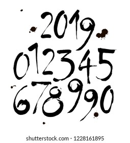 vector set of calligraphic acrylic or ink numbers. ABC for your design, brush lettering on a white background with blots