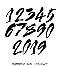vector set of calligraphic acrylic or ink numbers. ABC for your design, brush lettering on a black background